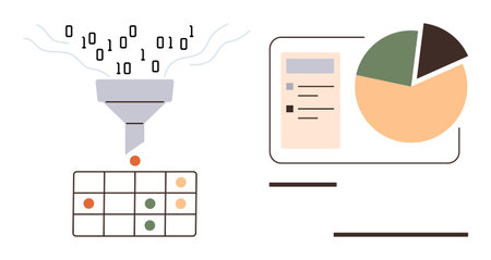 Binary data filtered through funnel to create structured table alongside pie chart visualization. Ideal for data analysis, machine learning, automation, reporting, business intelligence, dataのイラスト素材