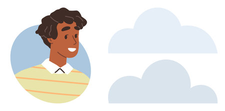 Smiling young person in a round frame with curly hair and striped shirt next to two simple clouds....