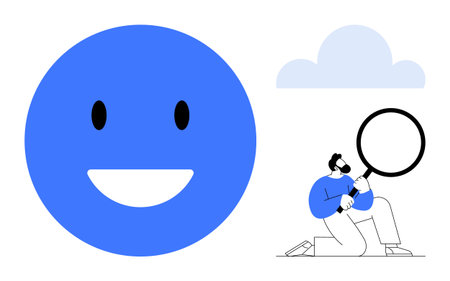 Bright blue smiling face paired with person holding a magnifying glass under a light cloud. Ideal for happiness, positivity, exploration, curiosity, optimism, analysis, self-improvement. Simple flatのイラスト素材