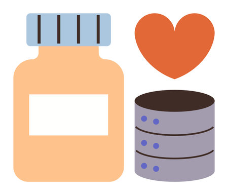 Pill bottle, red heart, and stacked databases highlight healthcare, data management, wellness, technology, medical innovation, pharmaceutical solutions, and digital health in a simple flat metaphorのイラスト素材