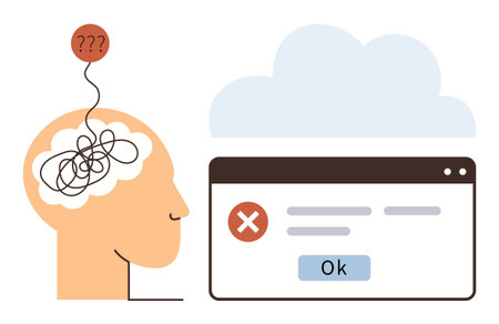 Human head with tangled thoughts and question mark paired with error message on browser window. Ideal for mental health, technology error, problem-solving, frustration, digital confusionのイラスト素材