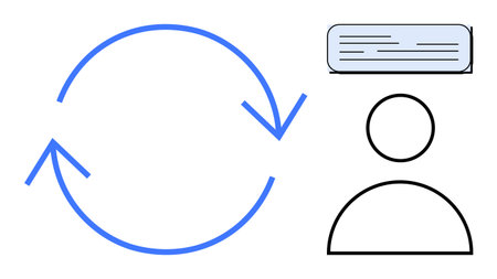 Circular arrows indicating process flow, human figure, and text block symbolizing feedback. Ideal for data exchange, learning, user insight, improvement, engagement, communication simple flatのイラスト素材