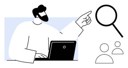 Person working on a laptop while pointing at a magnifying glass, symbolizing focus, search, and teamwork. Ideal for leadership, analysis, recruitment, research, collaboration team managementのイラスト素材