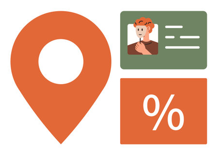 Orange location pin, profile card with avatar and text, and percentage block. Ideal for business, navigation, digital identity, analytics, marketing statistics presentation. Simple flat metaphorのイラスト素材