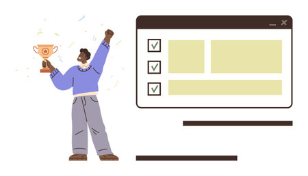 Person holding trophy, raising arm in triumph beside task checklist screen. Ideal for goal setting, success, motivation, productivity, accomplishment, project management teamwork. Simple flatのイラスト素材