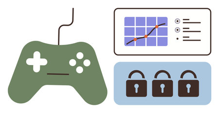 Gaming controller alongside analytics dashboard and lock graphics conveying gaming, data visualization, cybersecurity. Ideal for technology, gaming, safety, analytics, performance, strategyのイラスト素材