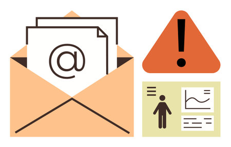 Open envelope with email symbol, warning triangle, and data representation chart. Ideal for digital communication, email notifications, security alerts, data analysis, workflow management, teamworkのイラスト素材