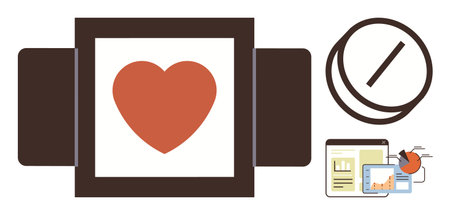 Heart displayed on monitor, pill symbol, and data charts. Ideal for health tech, wellness, pharmaceuticals, research, innovation analytics and healthcare. Clean simple flat metaphorのイラスト素材