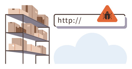 Warehouse storage shelves with boxes alongside a warning sign and URL bar under cloud icon. Ideal for cybersecurity, data breach, e-commerce, supply chain, logistics, cloud computing, onlineのイラスト素材