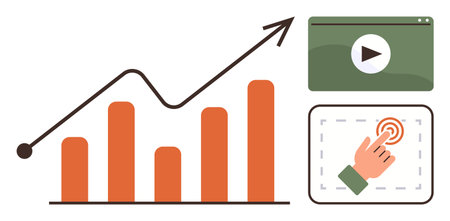 Bar chart with ascendant trendline, play button on media screen, hand icon clicking a button. Ideal for marketing, analytics, growth, strategy, media interaction training. Simple flat metaphorのイラスト素材