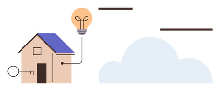 Minimalist house connected to a lightbulb symbolizing energy efficiency, alongside a cloud icon for remote access and modern technology. Ideal for technology, IoT, innovation, sustainability, smartのイラスト素材