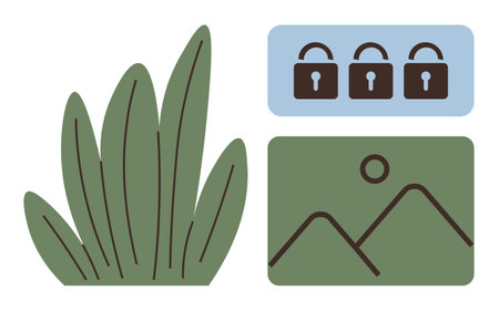 Grass blades, three locked padlocks, and a stylized landscape represent privacy, security, and simplicity. Ideal for themes thumbs up privacy, environment, nature, security simplicity minimalismのイラスト素材
