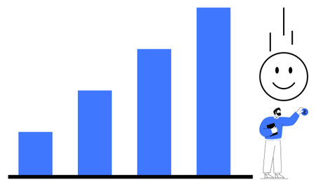 Animated person holding a ball while showing a rising bar chart alongside a smiling face. Ideal for business growth, success, teamwork, presentation, progress, achievement, simple flat metaphorのイラスト素材