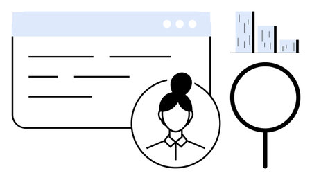 Female avatar within circle, magnifying glass, browser window, and bar chart representing online search, user data analysis, and statistics. Ideal for technology, research, business profileのイラスト素材