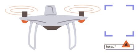 quadcopter in flight scanning surroundings, privacy alert icon, highlighting surveillance impact....