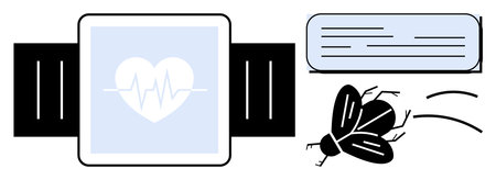 Smartwatch with a heart symbol and ECG line, message notification, and a stylized flying insect. Ideal for health tracking, wearable tech, fitness, notifications, minimalism, technology simple flatのイラスト素材