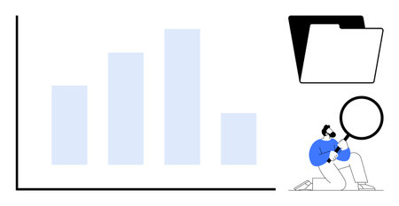 Bar graph visualization with person examining data using magnifying glass beside file folder icon. Ideal for data analysis, research, insights, statistics, organization, file management, simple flatのイラスト素材