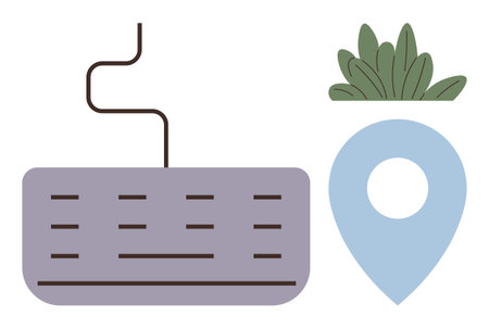 Wired keyboard, map pin, and green plant emphasizing remote work, location independence, and eco-awareness. Ideal for technology, work-life balance, digital nomads, creativity sustainabilityのイラスト素材