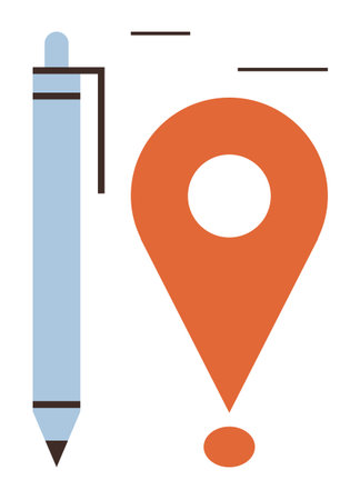 Stylized blue pen and red map pin with minimalistic lines combine ideas of writing, creativity, navigation, and analytics. Ideal for planning, travel, education, strategy, and organization simpleのイラスト素材