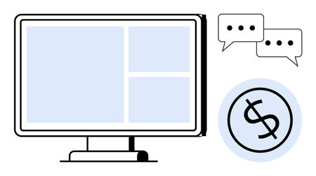 Computer monitor with sections, chat bubbles, and dollar sign icon representing communication, finance, teamwork, digital tools, business planning, online meetings and remote work ideas. Idealのイラスト素材