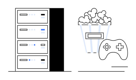 Data server stack, gaming controller, and popcorn bucket symbolizing cloud computing, gaming, and...