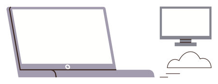 Open laptop, standalone monitor, and cloud connection symbolizing data sharing, remote collaboration, and digital connectivity. Ideal for technology, remote work, cloud storage, communicationのイラスト素材