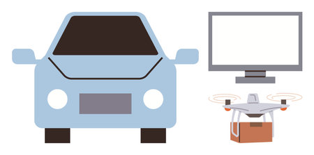 Self-driving car, delivery quadcopter carrying a package, and computer monitor. Ideal for innovation, automation, future tech, AI, logistics smart systems modern solutions. Simple flat metaphorのイラスト素材
