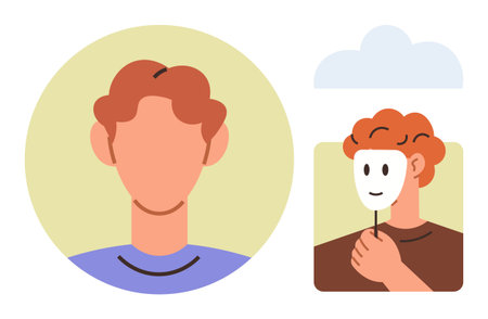 Person with a neutral facial expression holding a mask to cover true emotions or identity. Ideal for themes thumbs up psychology, self-awareness, identity, deception, honesty, introspection, simpleのイラスト素材