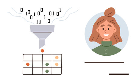 Binary data flows into a funnel, generating a structured table while a user profile icon represents personalization. Ideal for data processing, user profiling, machine learning, AI applicationsのイラスト素材