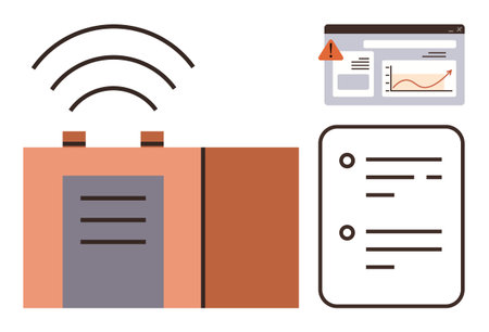 Server emitting wireless signal, analytics with growth chart, checklist for organization and planning. Ideal for technology, network, data analytics, management, communication, organizationのイラスト素材