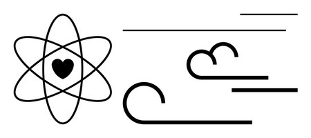 Atomic structure with central heart symbol paired with flowing wind lines. Ideal for science, energy, love, balance, nature, health, technology. Simple flat metaphorのイラスト素材