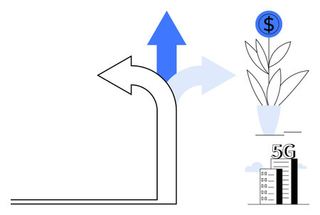 Arrow paths showing diverging directions, plant with financial growth icon, and 5G-connected building. Ideal for decision-making, innovation, growth, investment, technology evolution, developmentのイラスト素材