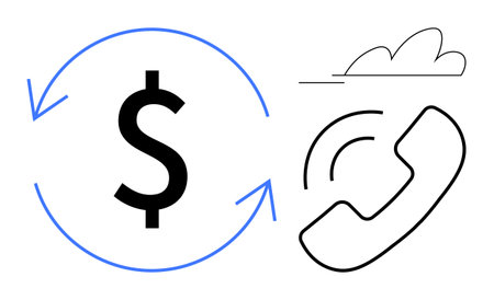 Dollar sign circled by arrows, phone receiver with sound waves, minimalist cloud shape. Ideal for banking, finance, customer support, communication, transactions fintech and savings. Simple flatのイラスト素材