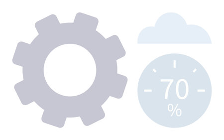 Large gear beside a cloud and 70 gauge icon merging technology, optimization, and data. Ideal for process management, automation, cloud systems, innovation, weather updates, progress trackingのイラスト素材