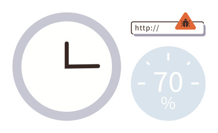 Clock icon, warning sign with bug in URL bar, and progress circle at 70. Ideal for cybersecurity,...