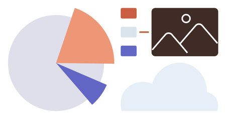 Pie chart with segmented data, image gallery with framework, color legend blocks, and a cloud element. Ideal for data analysis, cloud computing, visualization, statistics, presentationsのイラスト素材