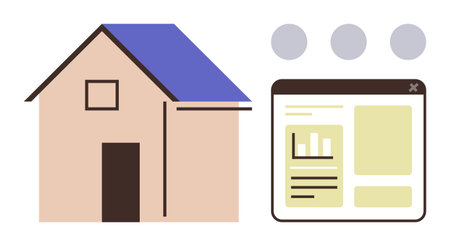 House next to website interface with graphs and text blocks. Ideal for property management, online tools, real estate, smart homes, analytics, digital business, simple flat metaphorのイラスト素材