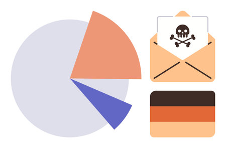 Pie chart, email with skull, and credit card visual symbolize cyber risks and fraud analytics. Ideal for cybersecurity, data breach, fraud detection, financial security, phishing awareness, dataのイラスト素材