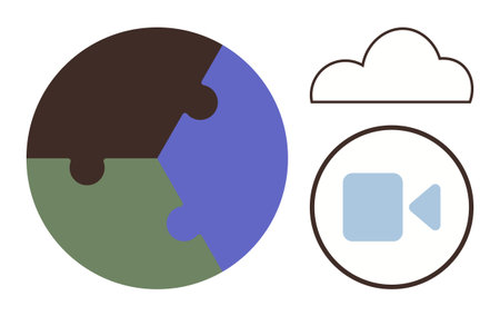 Globe as puzzle pieces, cloud outline, video camera icon. Ideal for collaboration, cloud storage, virtual meetings, digital technology, teamwork global connection streaming. Simple flat metaphorのイラスト素材