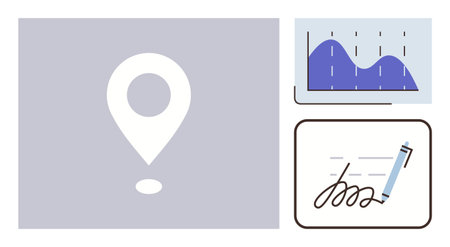 Location pin overlaid on a gray background, a data chart with wavy trends, and a pen signing on paper. Ideal for navigation, analytics, documentation, business, logistics, contracts digital toolsのイラスト素材