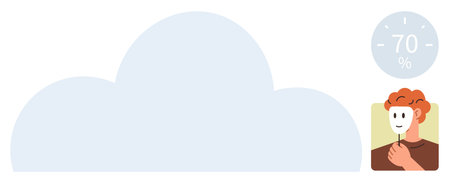 Thoughtful person holding a mask near a cloud backdrop and a percentage circle. Ideal for concepts...