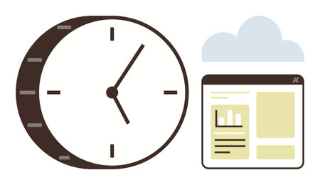 Analog clock next to a browser window and a light cloud icon, emphasizing efficient scheduling, online collaboration, and data analysis. Ideal for business, productivity, remote work, cloud toolsのイラスト素材