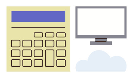 Calculator next to computer monitor and cloud emphasizing connectivity, calculation, and digital tools. Ideal for technology, cloud computing, business, analytics, accounting, data storage financialのイラスト素材