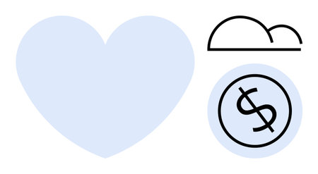 Blue heart, simple cloud, and dollar coin outline symbolizing love, aspirations, and financial success. Ideal for finance, sustainability, wellness insurance charity goals minimalism. Simple flatのイラスト素材