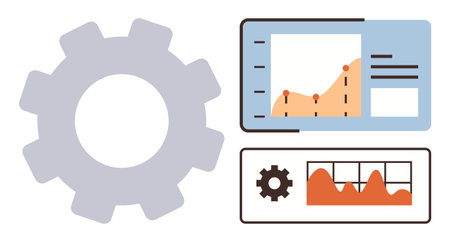 Gear and dashboard visuals with graphs, chart trends, and data. Ideal for statistics, analytics, business strategy, process improvement, productivity data flow and management. A simple flatのイラスト素材