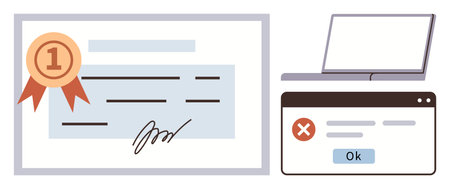 Award certificate with ribbon beside a laptop and error message. Ideal for success, education, recognition, digital challenges, workflow, progress, problem-solving, simple flat metaphorのイラスト素材
