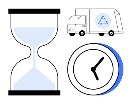 Hourglass, analog clock, and recycling truck with blue accents emphasizing time, waste management,...