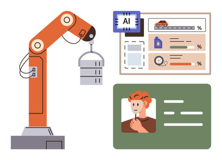 Robotic arm managing tasks, AI chip processing, dashboard with analytics, and personal ID interface. Ideal for automation, AI, robotics, data processing, tech education manufacturing innovationのイラスト素材