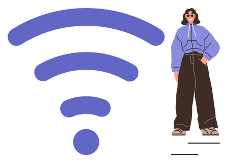 Young woman in modern casual outfit stands confidently next to a bold wireless signal in contrasting colors. Ideal for technology, connectivity, digital access, innovation, communicationのイラスト素材