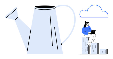 Large watering can alongside a woman sitting on bar chart steps, laptop in hand, with a cloud overhead. Ideal for growth, creativity, innovation, success, progress, digital transformation teamworkのイラスト素材